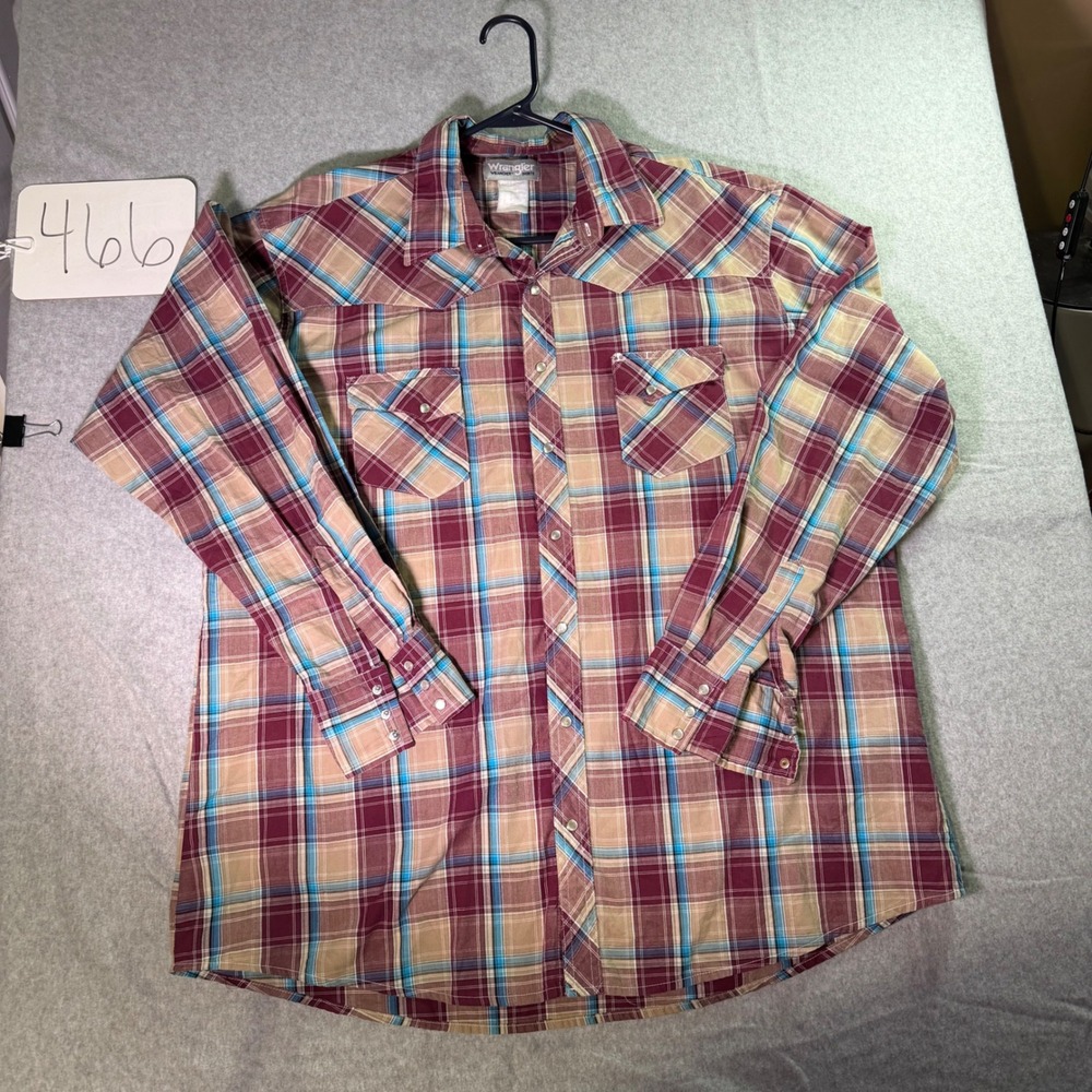 Wrangler Wrancher Mens Western Pearl Snap Shirt Plaid Burgundy Tan Blue XL Tall